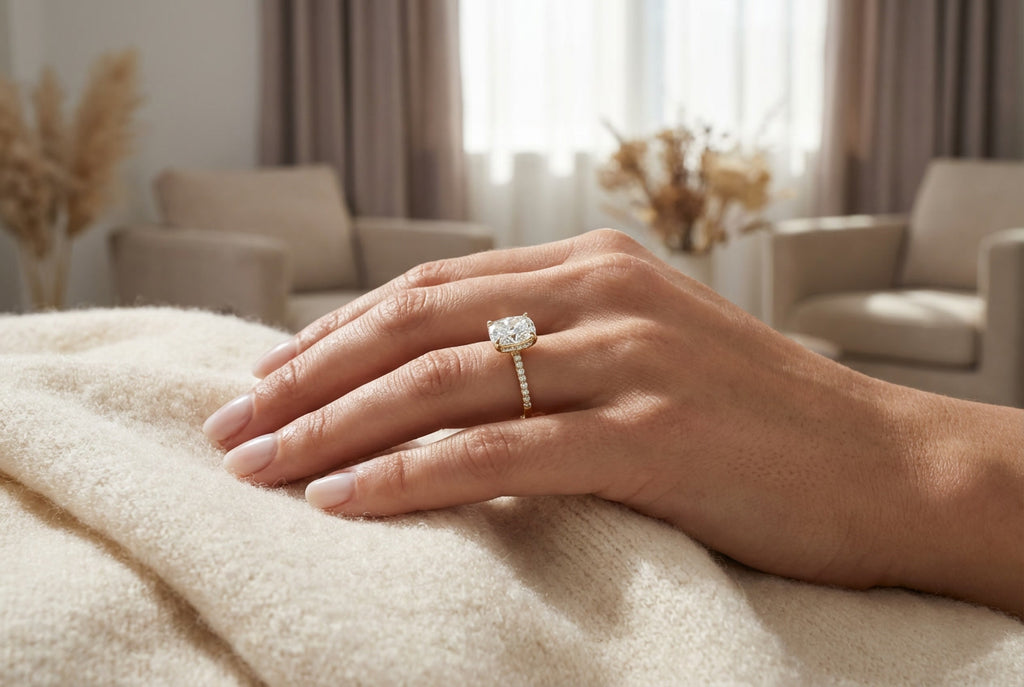 AETERNA RING, ELONGATED CUSHION-CUT MOISSANITE, PAVÉ